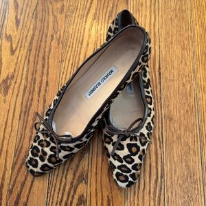 Manolo Blahnik Square Toe Calf Hair Brown Leopard D’Orsay Cut Flats